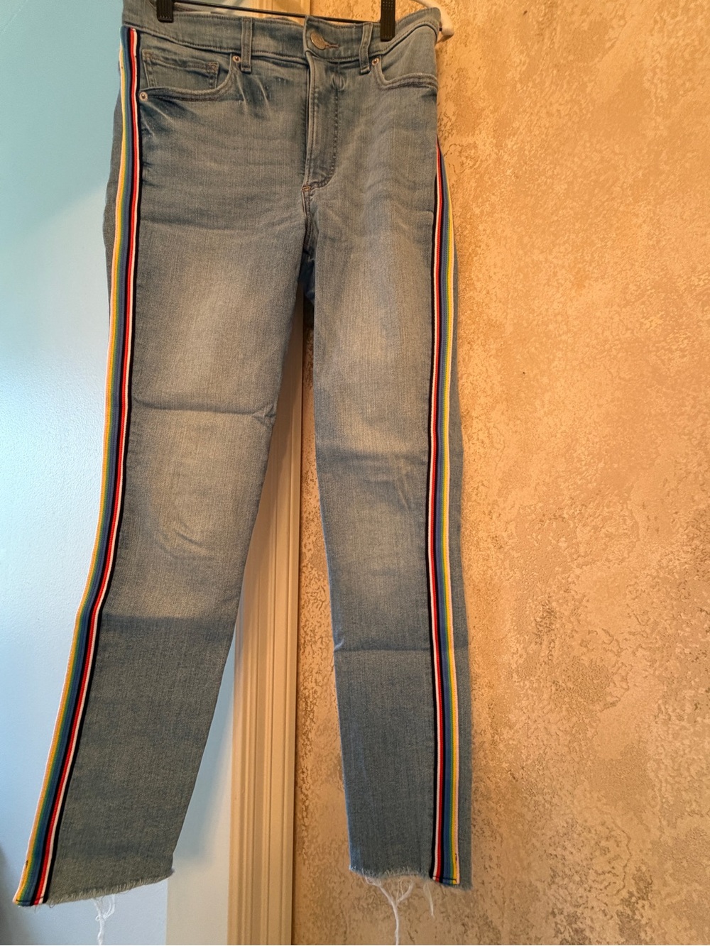 Express Light Blue Cropped Jeans with Rainbow Side Stripes